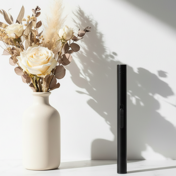 Black electronic device on a white surface with a vase of flowers in the background
