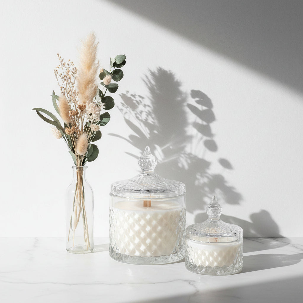 French Clear Tip Geo Series White – glass candle jar, medium and large sizes