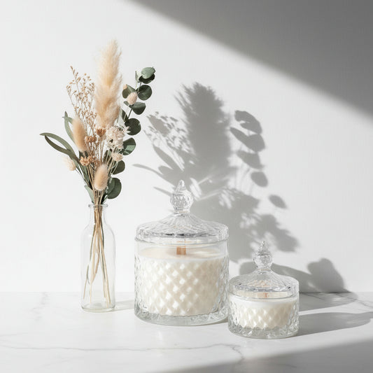 French Clear Tip Geo Series White – glass candle jar, medium and large sizes