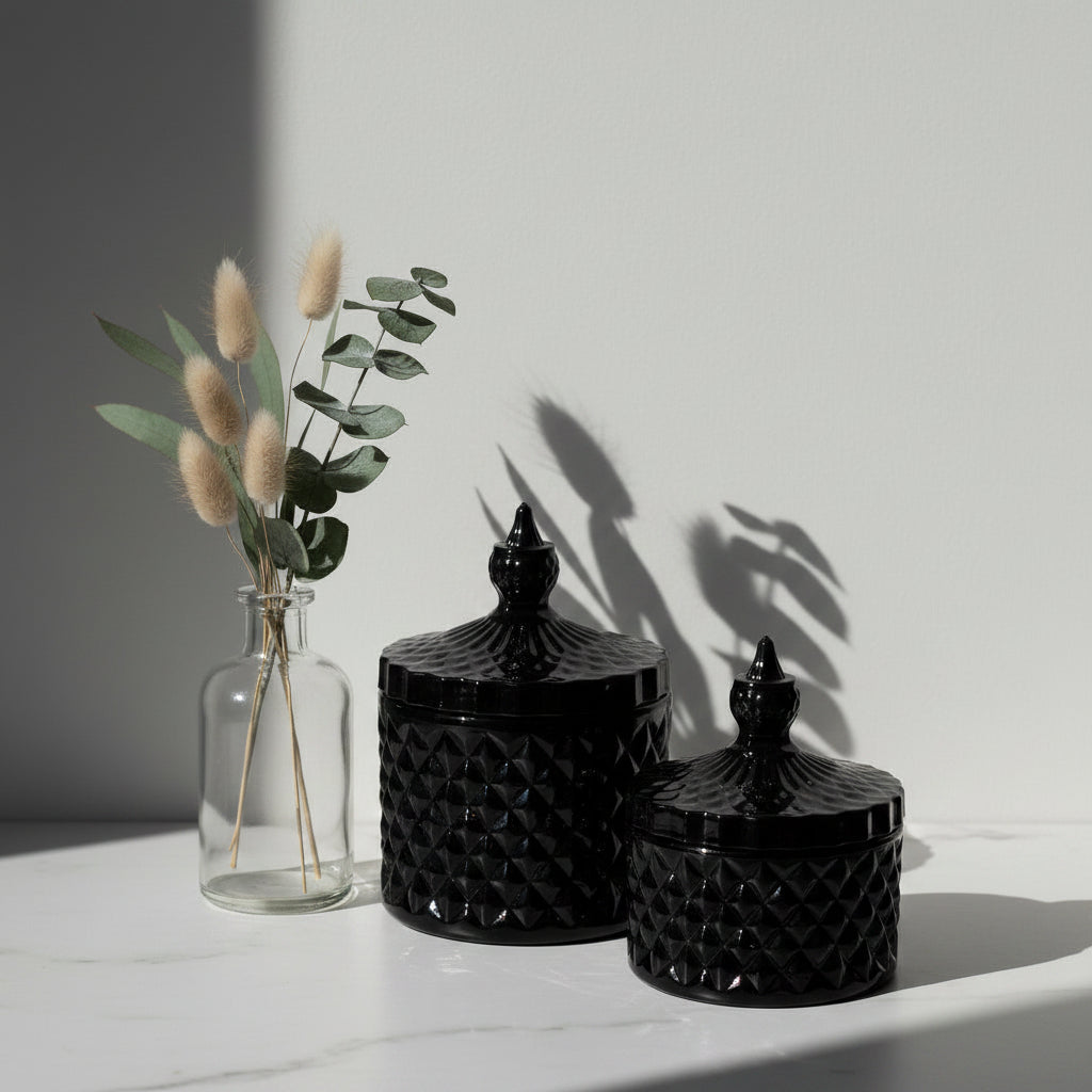 French Solid Colour Tip Geo Series Black – glass candle jar, medium and large sizes